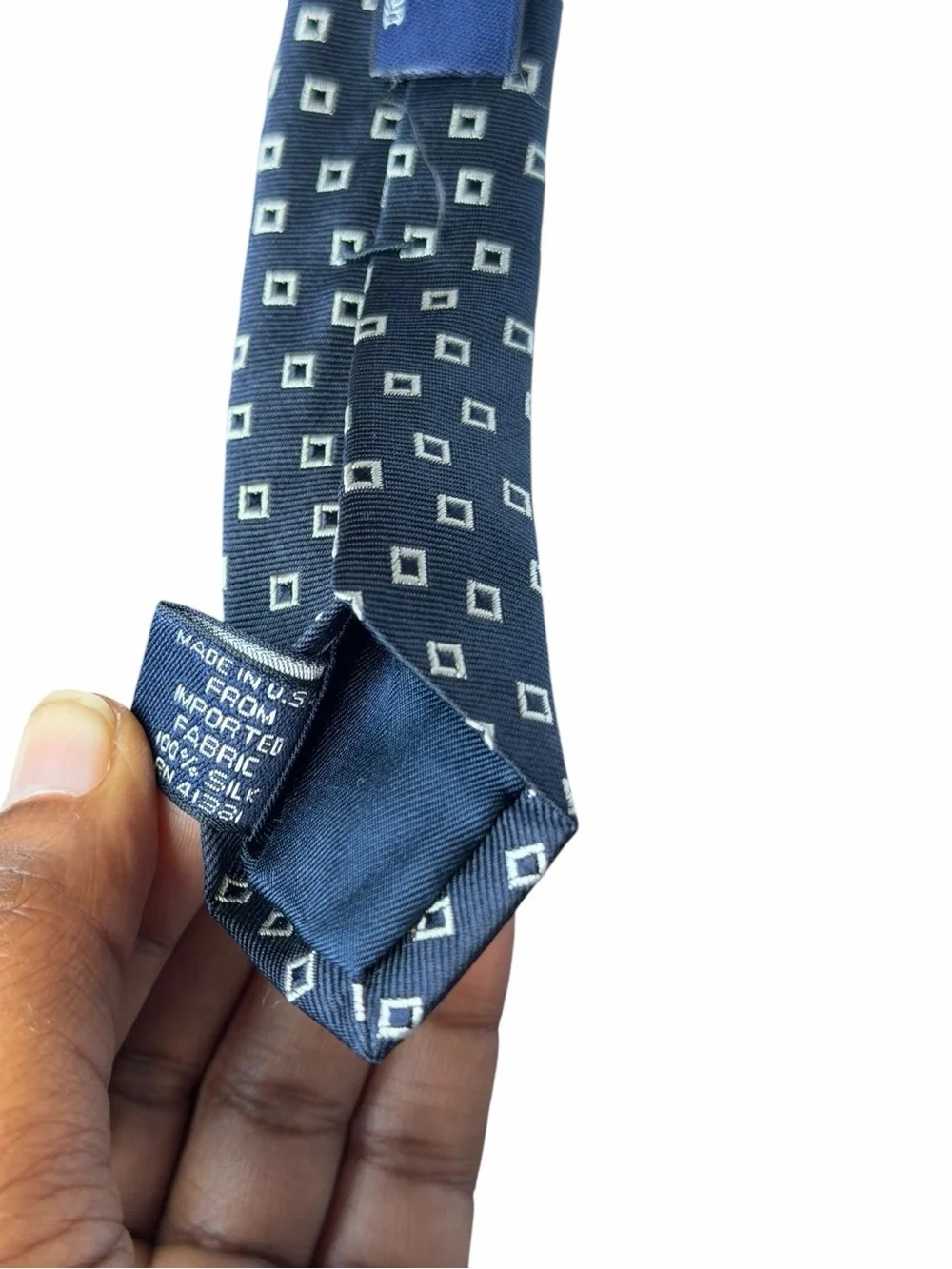 Polo Ralph Lauren Vintage Navy Silk Necktie Gray Geometric Square Print USA Made